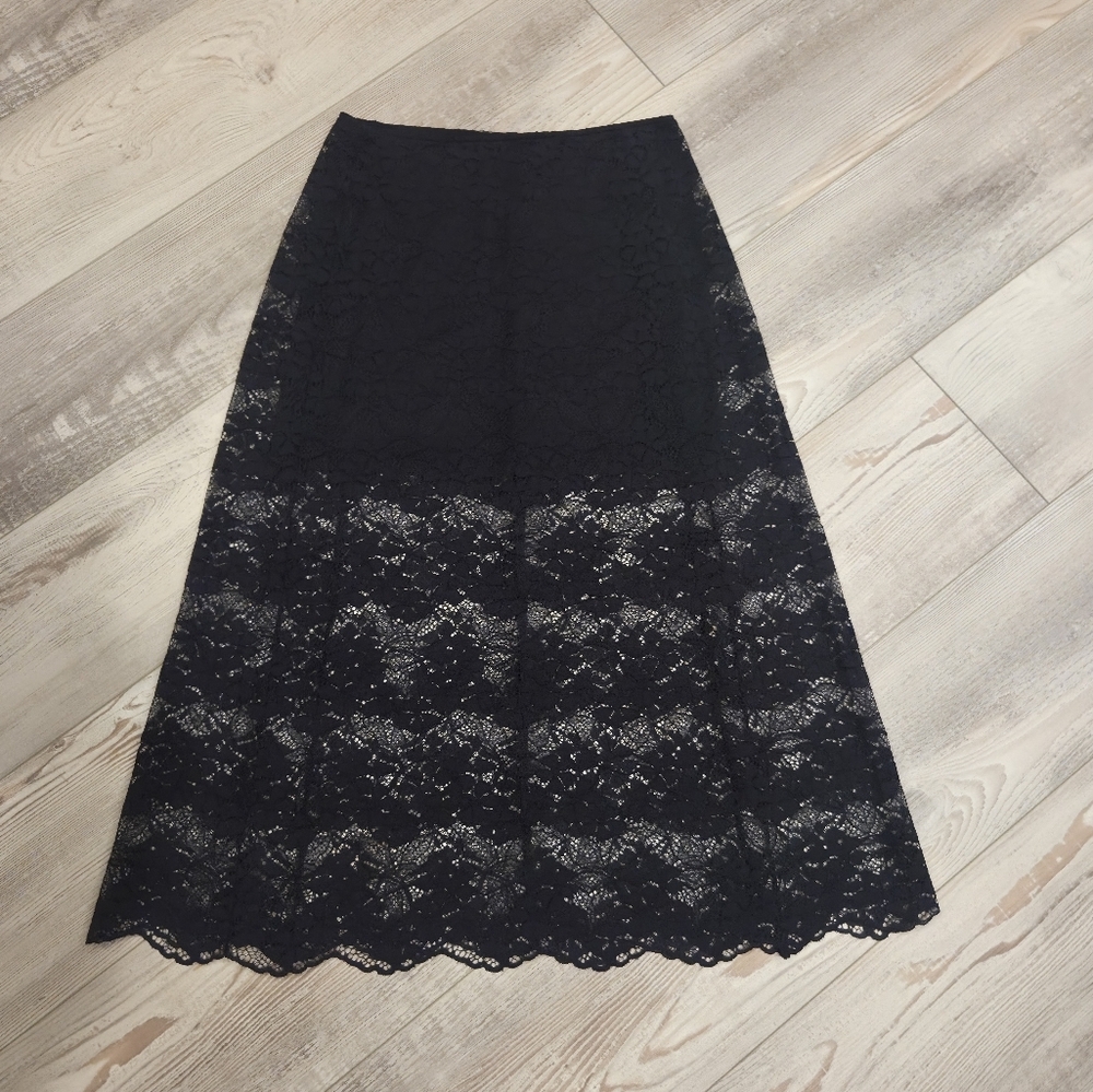 The Kooples Elegant Black Lace Midi Pencil Skirt With Semi Partial Lining